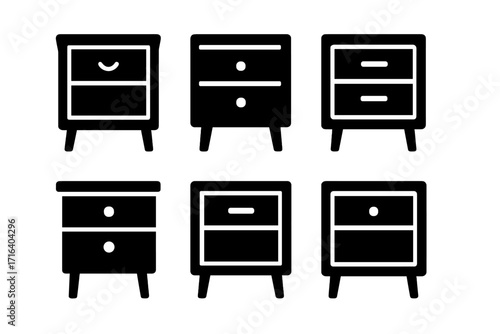 Set of six black silhouette nightstand icons. Minimalist style vector illustration. Bedside table furniture collection for interior design. Simple glyph symbols of drawers.