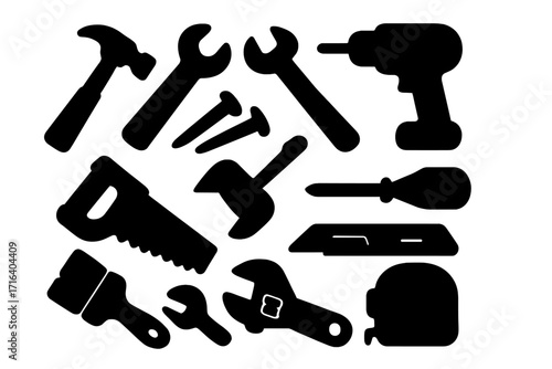 Silhouette icons of essential construction and repair tools set with hammer, wrench, screwdriver, saw, tape measure, drill, paintbrush, nuts, and bolts vector illustration