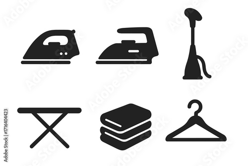 Vector silhouette collection of household laundry and ironing equipment. Includes iron, steamer, ironing board, folded clothes and hanger. Domestic chore and cleaning service concept.