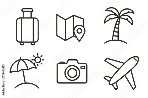 Travel icons set in linear style with suitcase, map location, palm tree, sun umbrella, camera, airplane, vacation symbols, summer holiday vector illustration, tourism pack