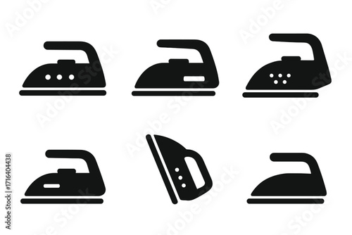 Set of six iron silhouettes in minimalist style. Vector illustration of household appliance for ironing clothes. Laundry service icon collection. Flat domestic electric iron graphic.