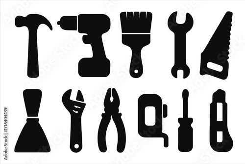 Silhouette icons of essential construction and repair tools vector cartoon illustration set, hand tools and power tools silhouettes, home improvement, DIY equipment collection