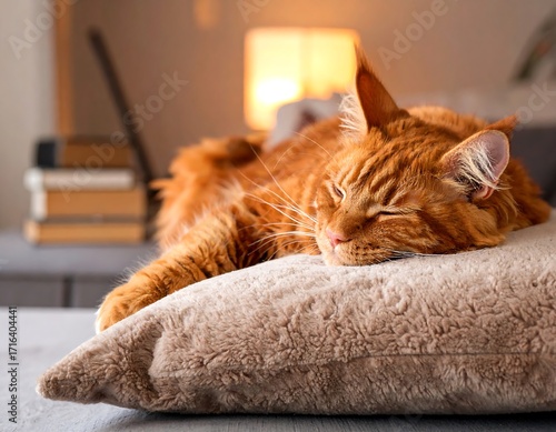 Fluffy ginger cat sleeping on a beige pillow