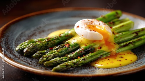 A beautifully plated dish featuring asparagus topped with a poached egg and a drizzle of creamy sauce, garnished with spices.