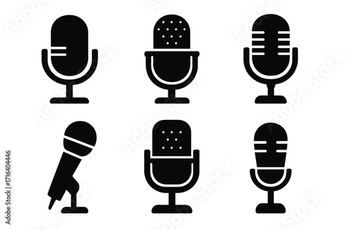 Collection of six microphone silhouettes. Vector icon set for podcast, audio design, broadcast, radio, studio recording, sound, voice, interview, music, and journalism.