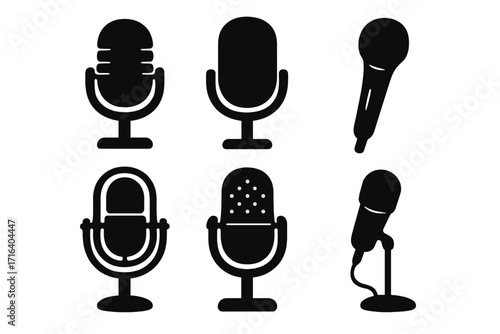 Set of microphone silhouettes for podcast and audio design. Mic icon collection for recording, sound, voice, broadcast, radio, and interview. Vector graphic symbol illustration.