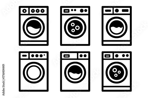 Washing machine icon set. Six vector symbols for laundry service and household appliances. Clean line art collection of washer and laundromat signs. Isolated black silhouettes.