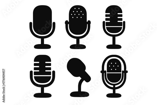 Microphone vector icon set. Collection of mic silhouettes for audio, podcast, and sound recording. Radio, broadcast, and interview symbols. Studio voice equipment graphic.