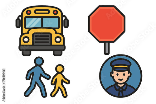 Colorful school bus transportation icons. Vector cartoon collection with driver, pedestrian symbols and blank stop sign. Road safety and back to school concept illustration.