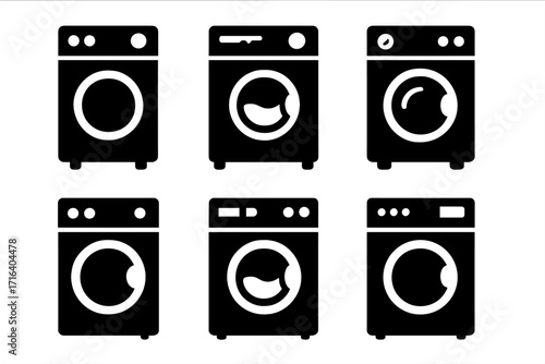 Set of washing machine icons. Vector collection of laundry and washer symbols. Home appliance pictogram for laundromat service. Black silhouette glyph design element isolated.