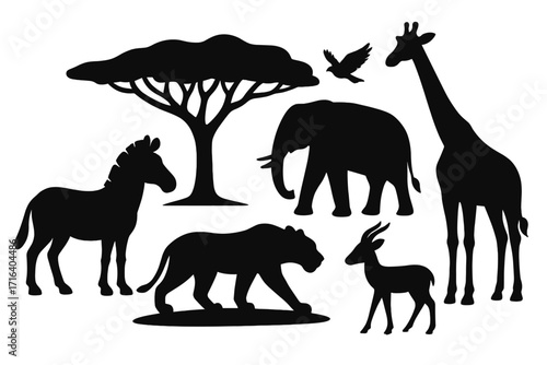 African wildlife animal silhouettes set. Vector collection of safari animals like elephant, giraffe, zebra, lioness, and gazelle with acacia tree. Black shapes isolated.