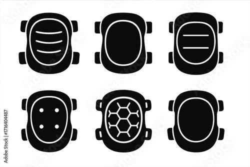 Knee pads icon set. Protective gear for sports and work safety. Vector silhouette collection of six knee protectors for skateboarding, cycling or construction. Glyph design elements.