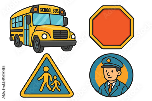 School bus transportation icon set. Vector cartoon illustration of a driver, stop sign, and pedestrian crossing symbol for traffic safety and back to school concepts.