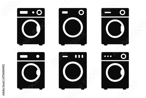Set of six modern washing machine icons. Black silhouette style vector illustration. Laundry service symbol, appliance graphic, laundromat logo. Household cleaning concept.