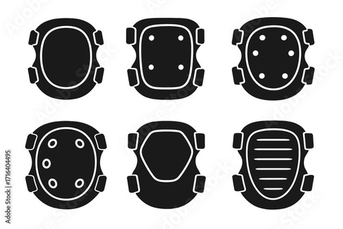 Knee pads icon set. Six protective gear silhouettes for safety. Vector collection of sport equipment for skateboarding, cycling. Work protection guard symbol. Isolated element.