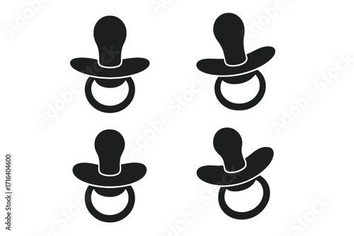 Baby pacifier silhouette icon set. Vector collection of simple black dummy or soother symbols for newborn and infant care. Minimalistic design for nursery decor or baby shower.