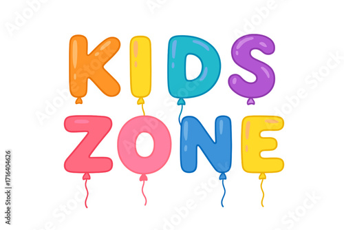 Kids Zone cartoon lettering quote made of helium balloon letters. Flat hand drawn vector for children's party celebration. Colorful fun alphabet font for playroom banner design.