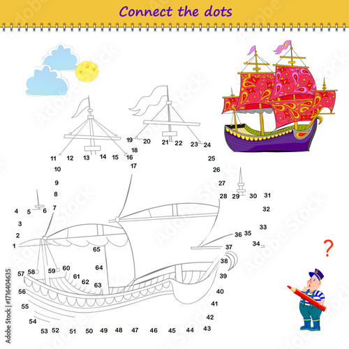 Connect the dots from 1 to 65 and draw an ancient Viking ship. Trace the line between numbers. Coloring book. Developing counting skills. Logic puzzle game for kids. Activity sheet. Vector image.
