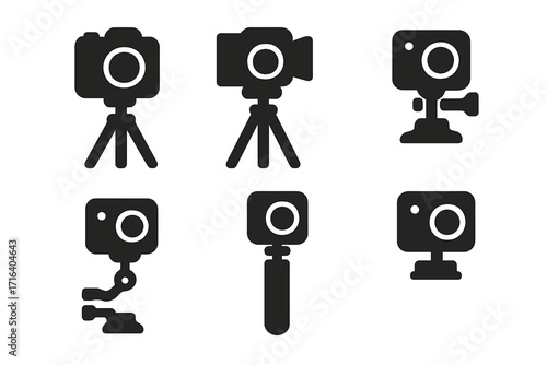 Camera icon set silhouette. Video and photo equipment symbols. Action cam on tripod, mount, selfie stick. Videography, photography gear. Vlogging and filming vector pack.