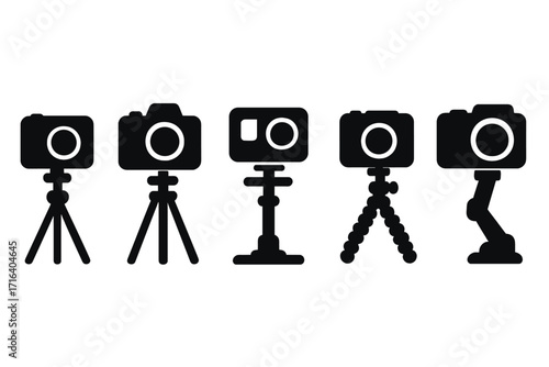 Camera icon set silhouette with tripods and mounts. Vector cartoon illustration of various photography and video equipment. Collection includes action cam, dslr and stands.