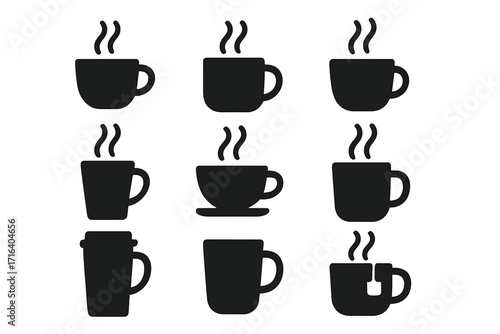 Coffee and tea cup silhouette icon set. Vector collection of black minimalist mugs with steam. Hot drink, beverage and cafe symbols. Simple pictogram illustration for web.