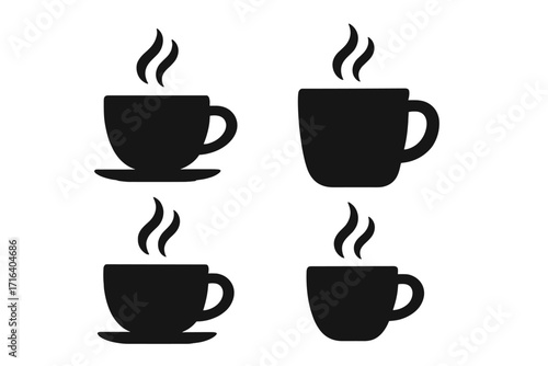 Coffee cup and mug silhouette icon set. Vector collection of hot drinks with steam. Minimalist symbols for tea, espresso, cappuccino, and cafe menu. Morning beverage concept.