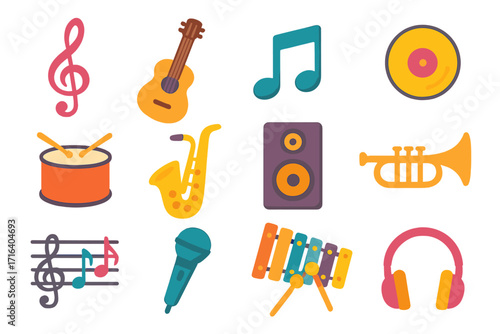 Colorful music icon set. Vector cartoon illustration of musical instruments and sound elements in flat design. Collection for audio, melody, and entertainment concepts. Isolated.