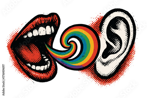 LGBTQIA+ pride month concept vector in grunge punk style. Open mouth shouting rainbow sound wave into ear. Communication, voice, gossip, and listening abstract metaphor.