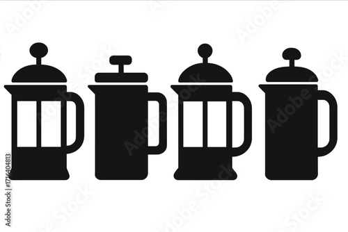 French press coffee maker vector icon set. Collection of black silhouette cafetiere plungers for brewing. Simple kitchenware graphic illustration for cafe or beverage concept.