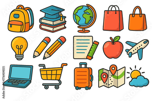 Colorful school and lifestyle icons. Education, shopping, travel themes. Vector cartoon set with backpack, globe, laptop, airplane, luggage, map, and shopping cart icons.