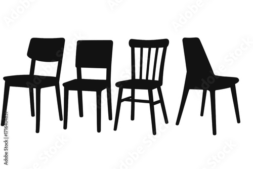 Silhouette collection of modern dining chairs in minimalist design. Vector set for interior design. Furniture icons for home decor. Assorted seats isolated on white.