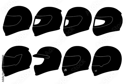 Racing helmet silhouette collection. Vector set of various motorsport head protection icons. Auto and motorcycle sport safety gear side view. Isolated graphic elements.