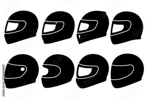 Racing helmet silhouette collection. Vector icon set. Motorsport safety headgear. Car race driver head protection. Motorcycle sport equipment. Various styles of helmets.