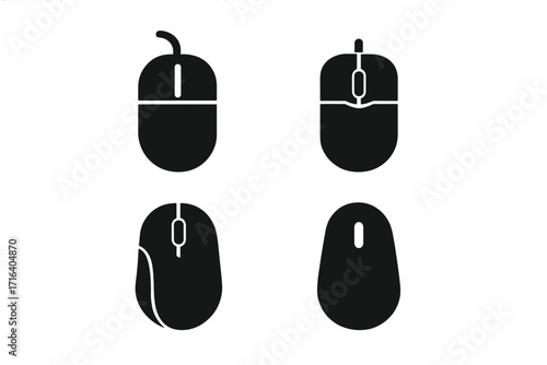 Set of black computer mouse icons, classic and modern designs. Vector silhouette illustration of pc hardware peripherals. Wireless and wired device symbols for web design.