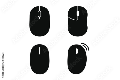 Computer mouse icon set. Black silhouette collection of classic, modern, wired and wireless mice. Vector illustration of input device for pc. Click and point technology.
