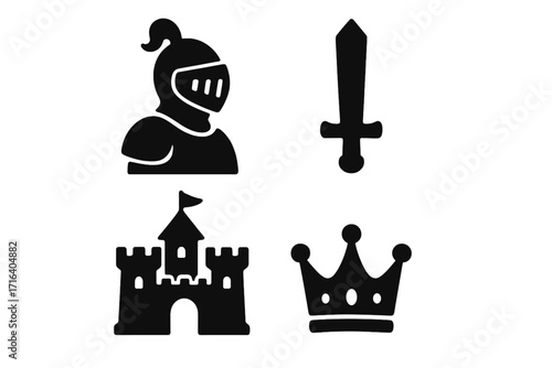 Medieval icons set silhouette. Knight in armor, sword, castle, and crown symbols. Kingdom fairy tale glyph collection. Middle ages history and fantasy vector elements.