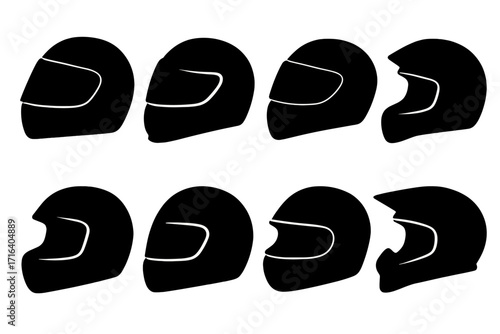 Silhouette collection of various racing helmets. Vector set of motorsport safety gear icons. Motorcycle and car race driver head protection symbols isolated on white.