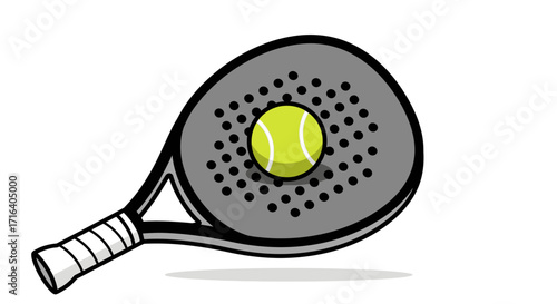 Illustration of a gray padel racket with a yellow-green tennis ball resting on its perforated surface.