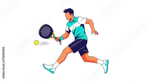 Illustration of a man playing padel tennis, hitting the ball with a racket during a match.