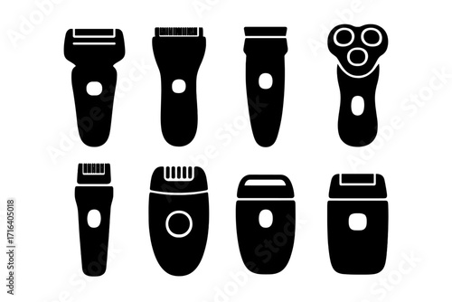 Electric shaver and razor icon set. Black silhouette collection of trimmers, clippers, and epilators. Vector illustration for personal grooming, hygiene, and barber tools.