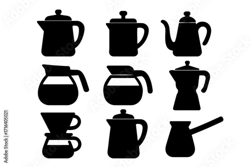 Coffee pot silhouette icon set. Vector collection of various coffee makers like moka pot, french press, pour over, and kettle. Kitchenware graphics for cafe and beverage.