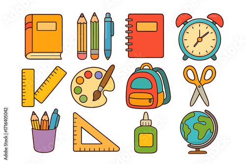 Colorful school supplies icons for education. Vector cartoon illustration set. Back to school graphic design elements. Book, pencil, globe, backpack, ruler, art palette.