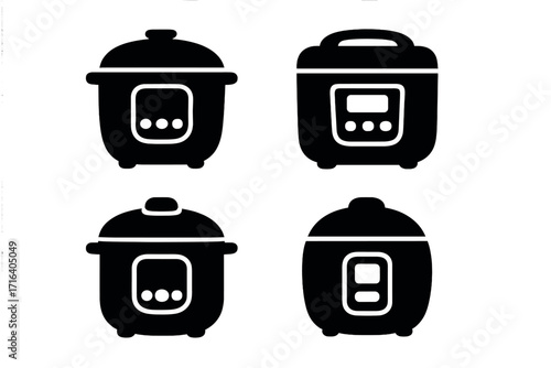 Set of rice cooker silhouette icons. Vector illustration of modern electric kitchen appliances. Household cooking equipment symbols. Multicooker, pressure cooker glyphs.