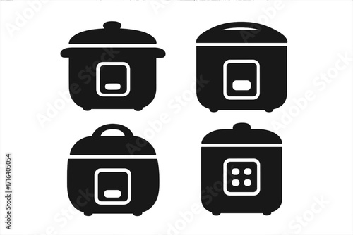 Rice cooker vector icon set. Electric kitchen appliance silhouette. Modern kitchenware for cooking. Food preparation equipment symbol collection. Isolated pictogram graphics.