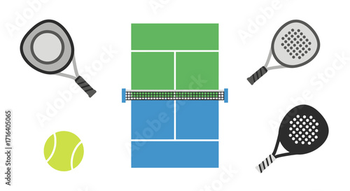 Flat vector illustration of a tennis or padel court with different types of rackets and a yellow ball.