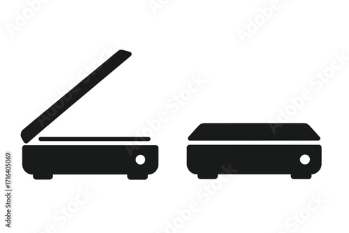 Scanner icon set in minimalist silhouette style. Open and closed flatbed scanner for document scanning and copying. Vector illustration of office equipment for digitizing paper.