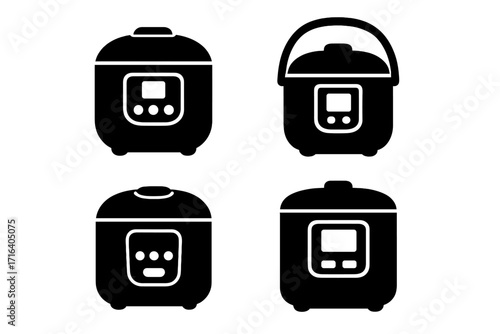Rice cooker silhouette icon set. Vector illustration of modern electric kitchen appliances. Household cooking equipment. Multicooker, pressure cooker, slow cooker pictograms.