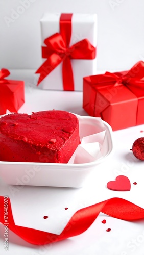 Heart-shaped red dessert in white takeout container, surrounded by red gifts and ribbons