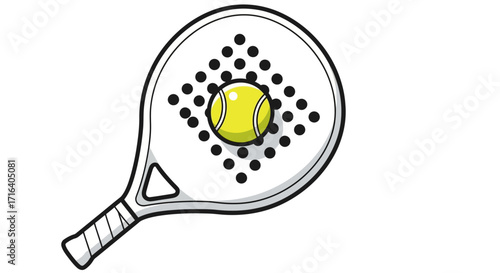 A cartoon illustration of a padel racket with a yellow ball on its strings, set against a white background.