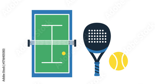 Overhead view of a green padel or tennis court with a net and ball, alongside a paddle racket and another yellow ball.